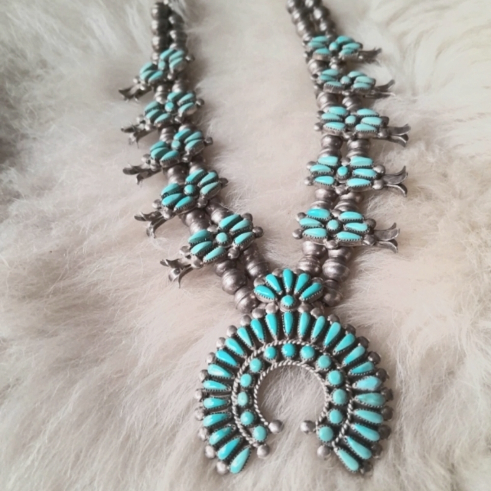 Zuni signed Sterling Silver and Turquoise Squash Blossom